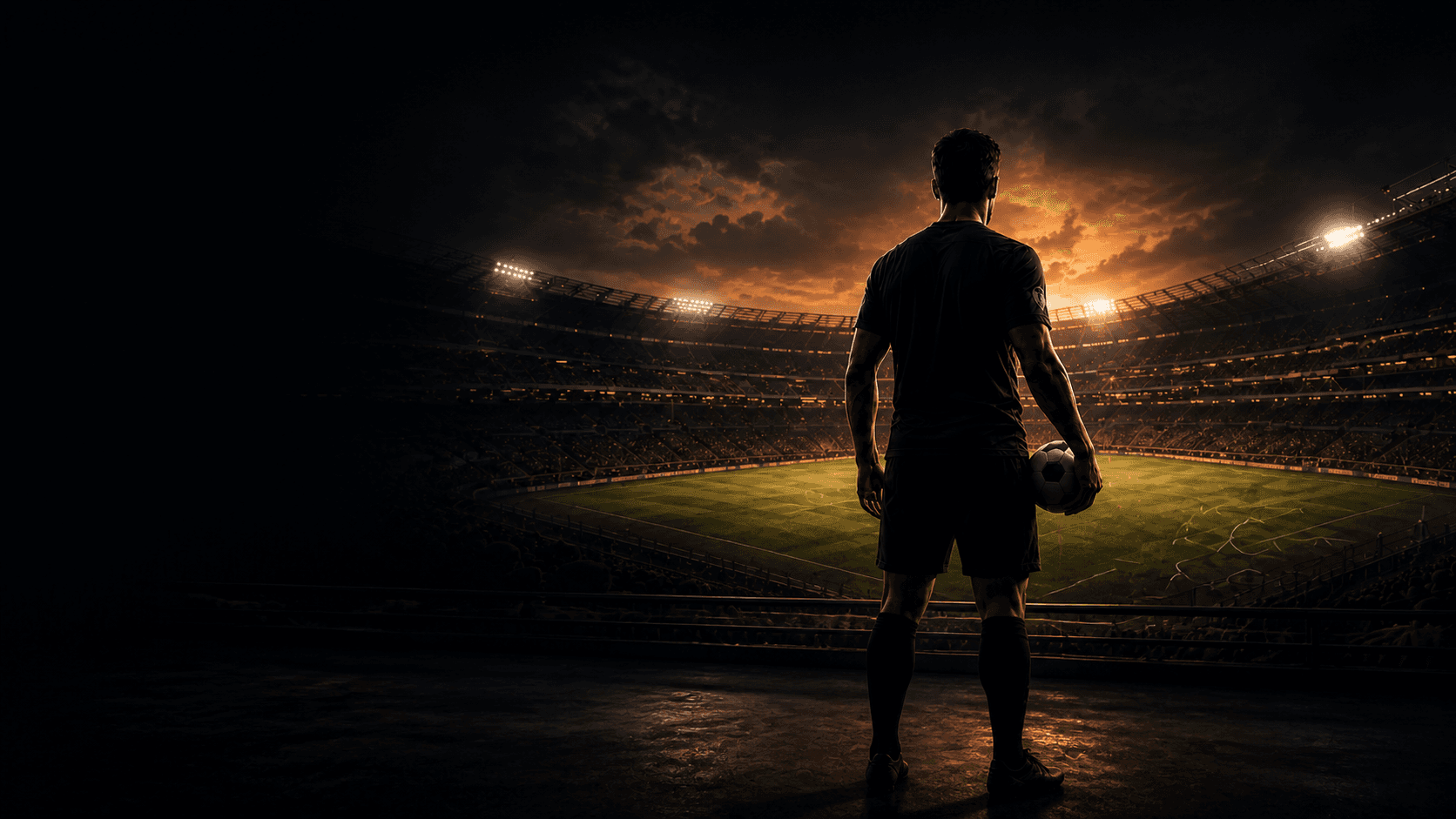 Footballer overlooking a floodlit stadium at dusk